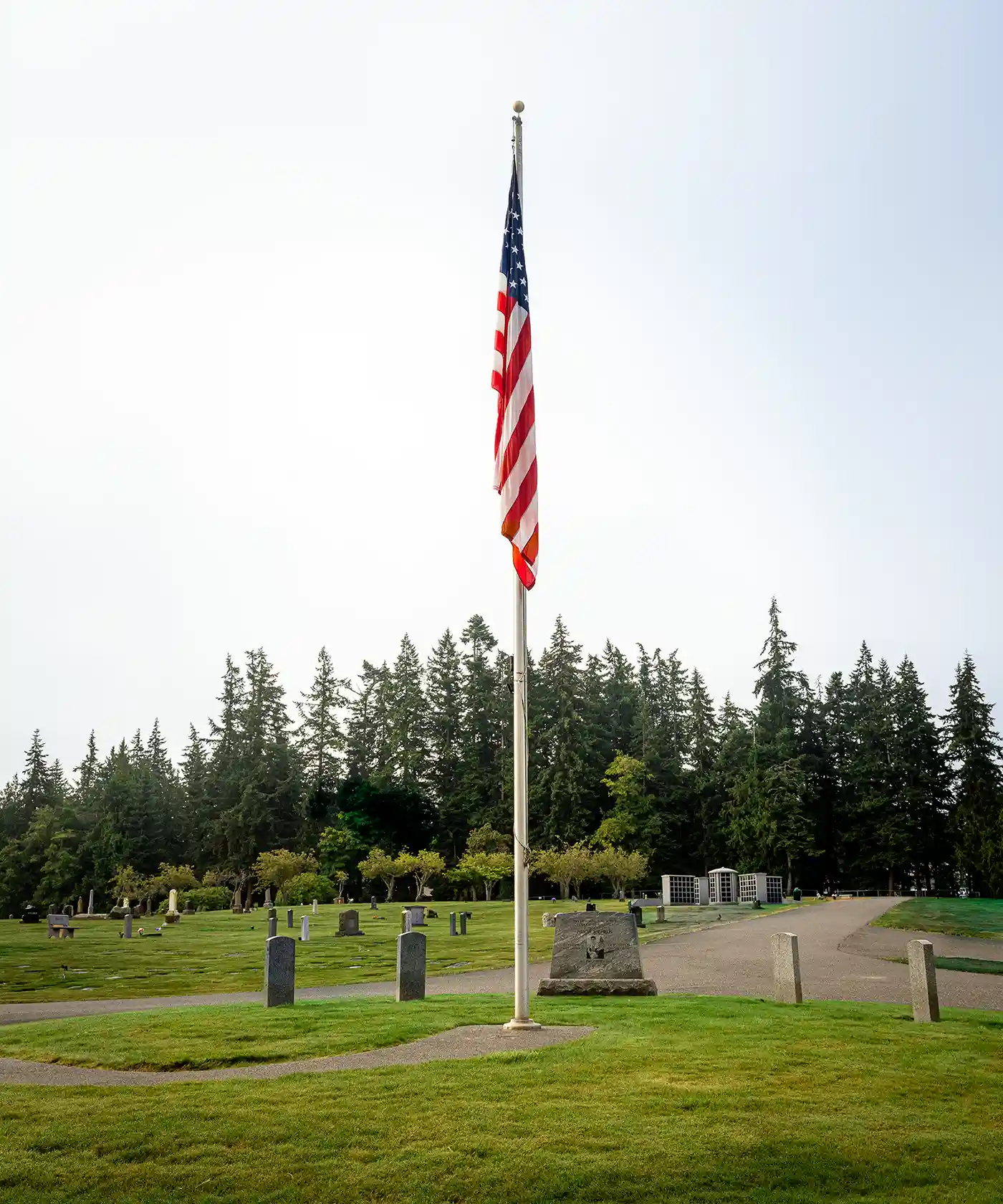 American flag overlooking Fernhill Cemetery in Anacortes, Washington