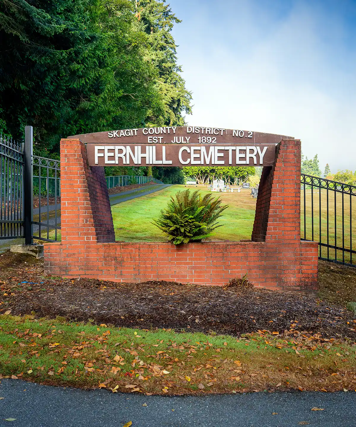 Fernhill Cemetery entrance sign in Anacortes, Washington