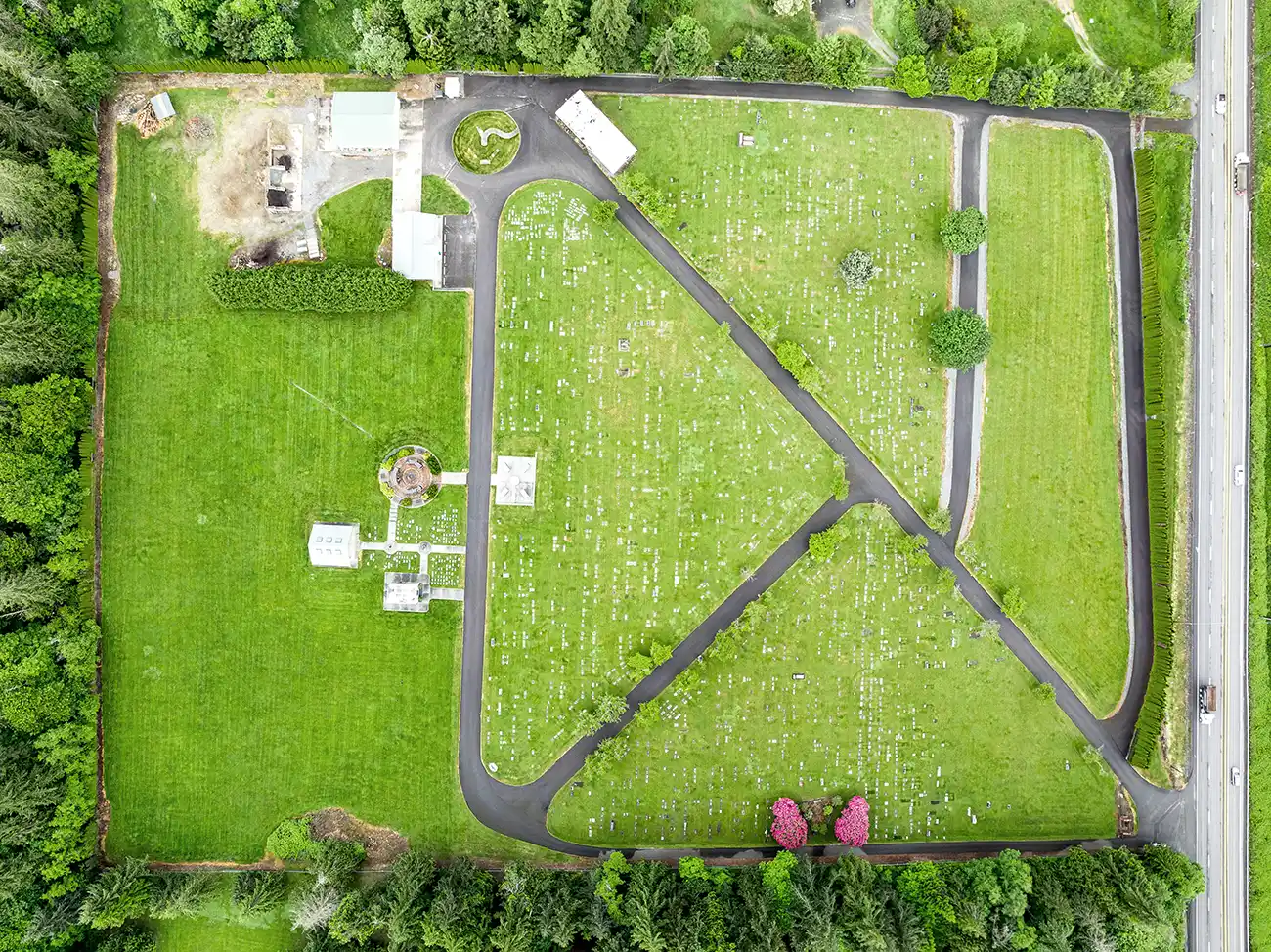 Aerial view of Fernhill Cemetery in Anacortes, Washington